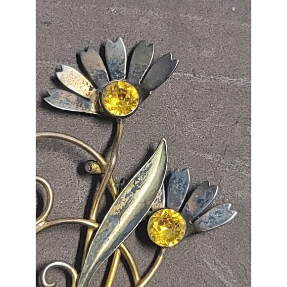 Vintage Van Dell 1/20 12 K Gold Filled on Silver - Floral Brooch - Yellow Rhines - Picture 4 of 5